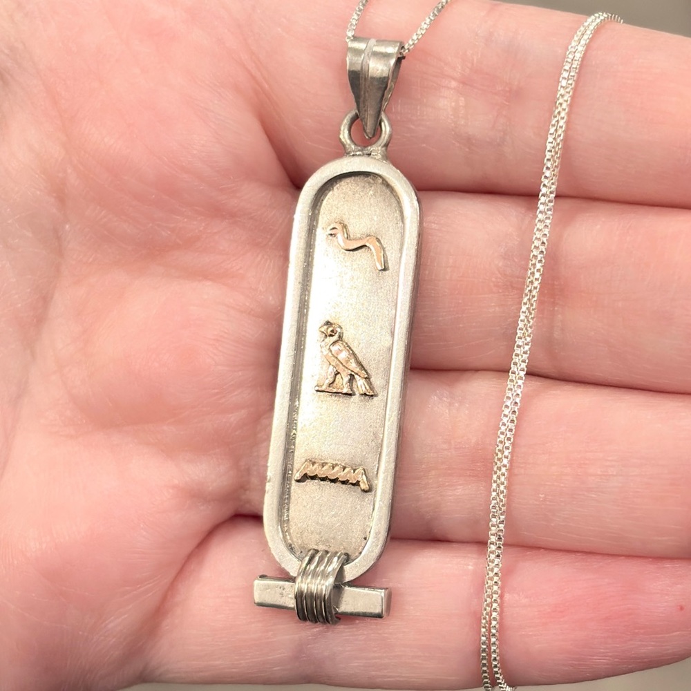 Vintage Sterling 14K Egyptian Cartouche Necklace Double Sided Hieroglyphics